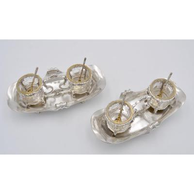 Pair Of Double Salt Shakers In Silver And Crystal France 1850