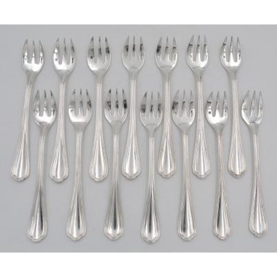 Christofle. 15 Oyster Forks In Silver Metal. XXth Century