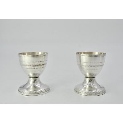 Pair Of Silver Egg Cups On Pedestal, Foreign Work Twentieth Century