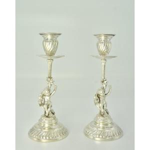 Pair Of Silver Candlesticks, Italy Early 20th Century