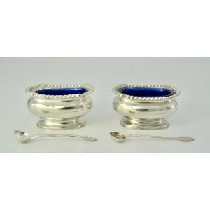 China / Hong Kong Pair Of Salerons In Silver And Blue Glass Early Twentieth