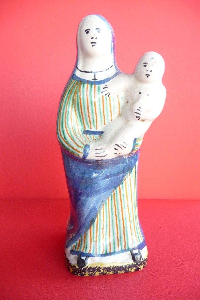 Vierge à l'Enfant En Faïence Polychrome XIXème. (Quimper Ou Malicone)? 