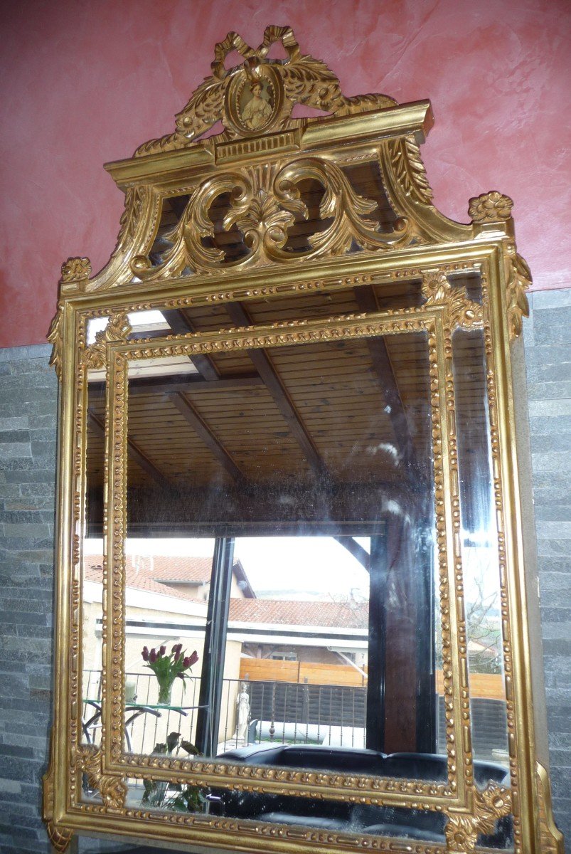 Large And Beautiful Mirror In Golden Wood, With (beads) In Louis XVI Style.-photo-2