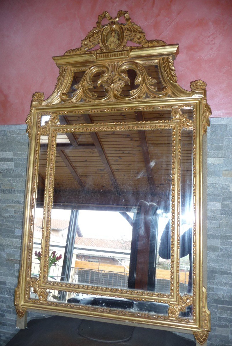 Large And Beautiful Mirror In Golden Wood, With (beads) In Louis XVI Style.