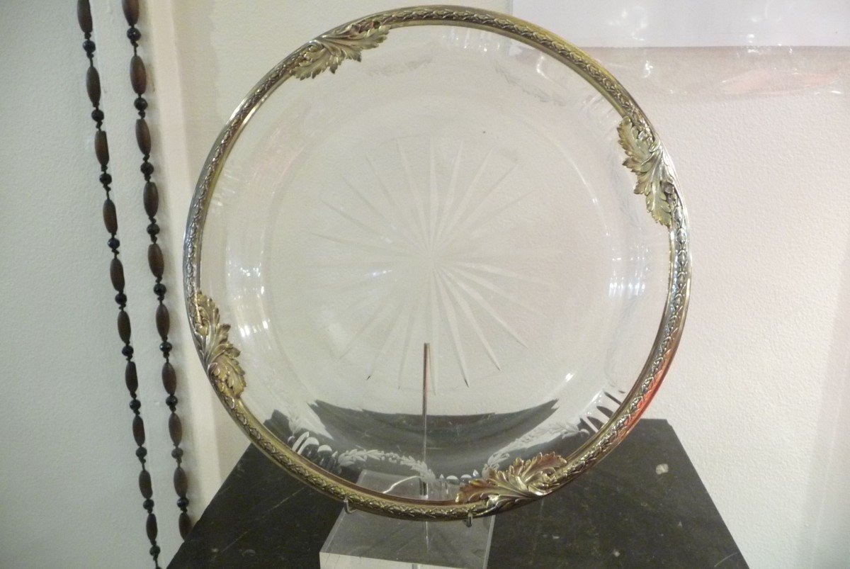 Beau Plat En Cristal Taillé Et Argent Massif, époque XIXème
