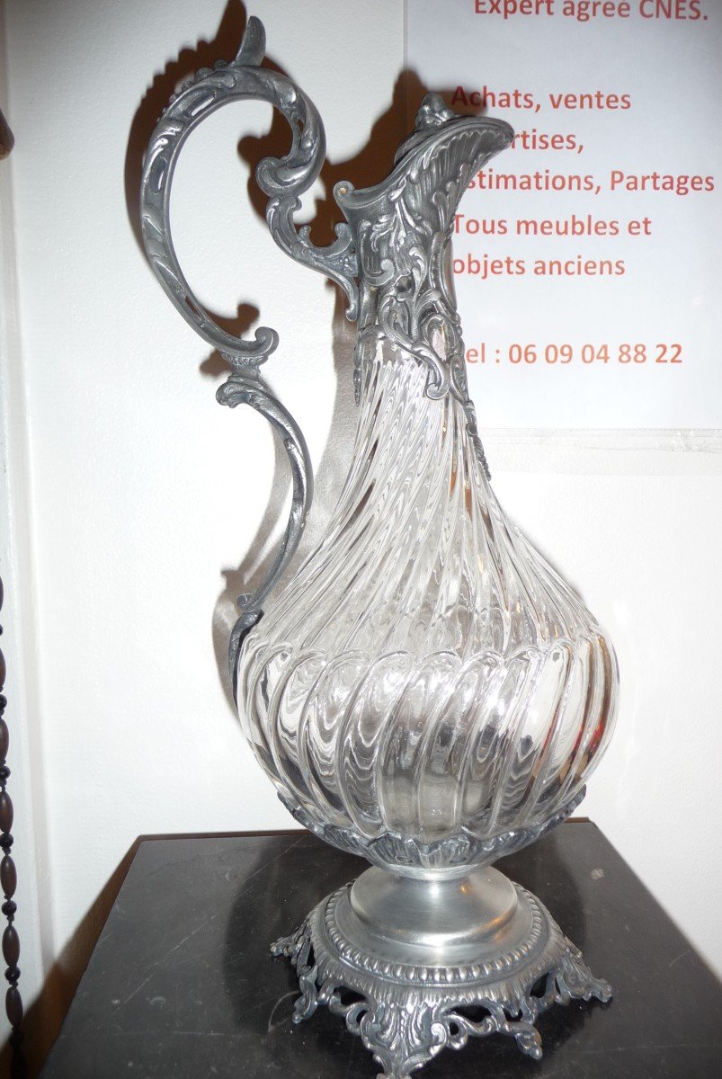 Ewer: Beautiful 19th Century Twisted Glass Ewer, Pewter Mounted, From The Napoleon III Period.-photo-3