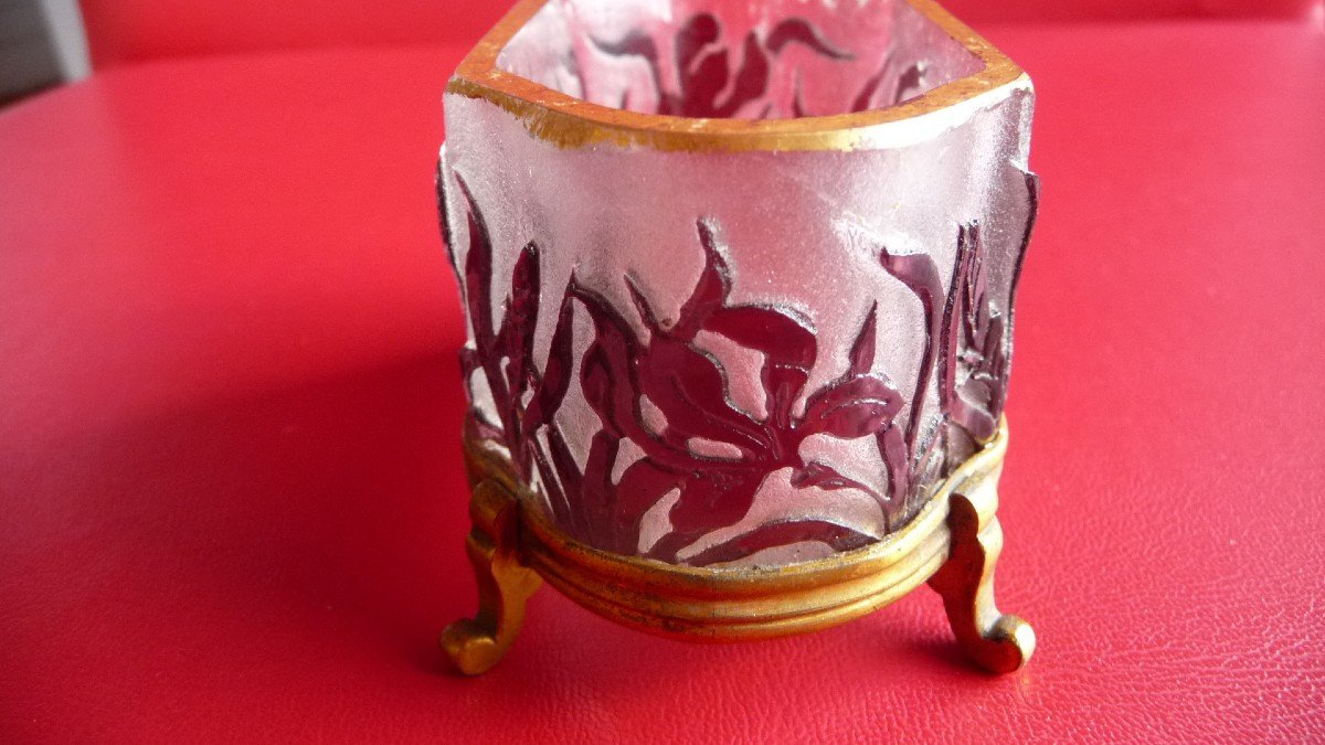 Daum: Coupe Miniature De Daum Dégagée à l'Acide, Monture Laiton Doré, époque 1900.-photo-4