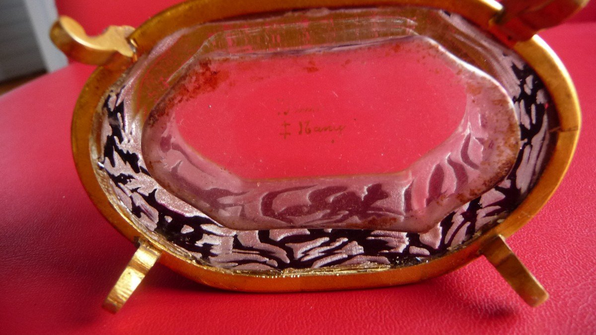 Daum: Coupe Miniature De Daum Dégagée à l'Acide, Monture Laiton Doré, époque 1900.-photo-1