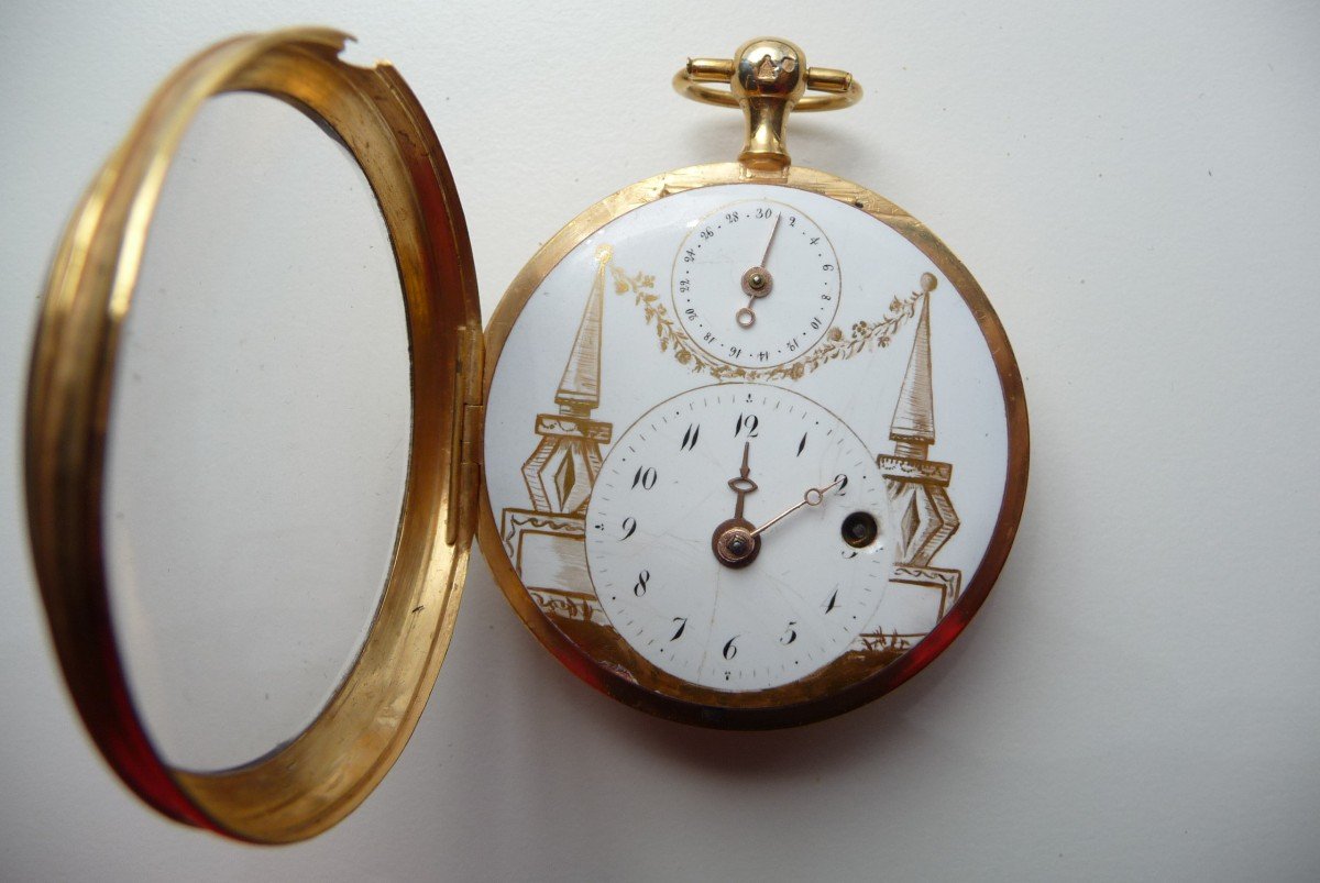 Very Rare Vermeil Watch, With Central Rooster, Golden Decor And Dates. Besançon: 1800. -photo-3