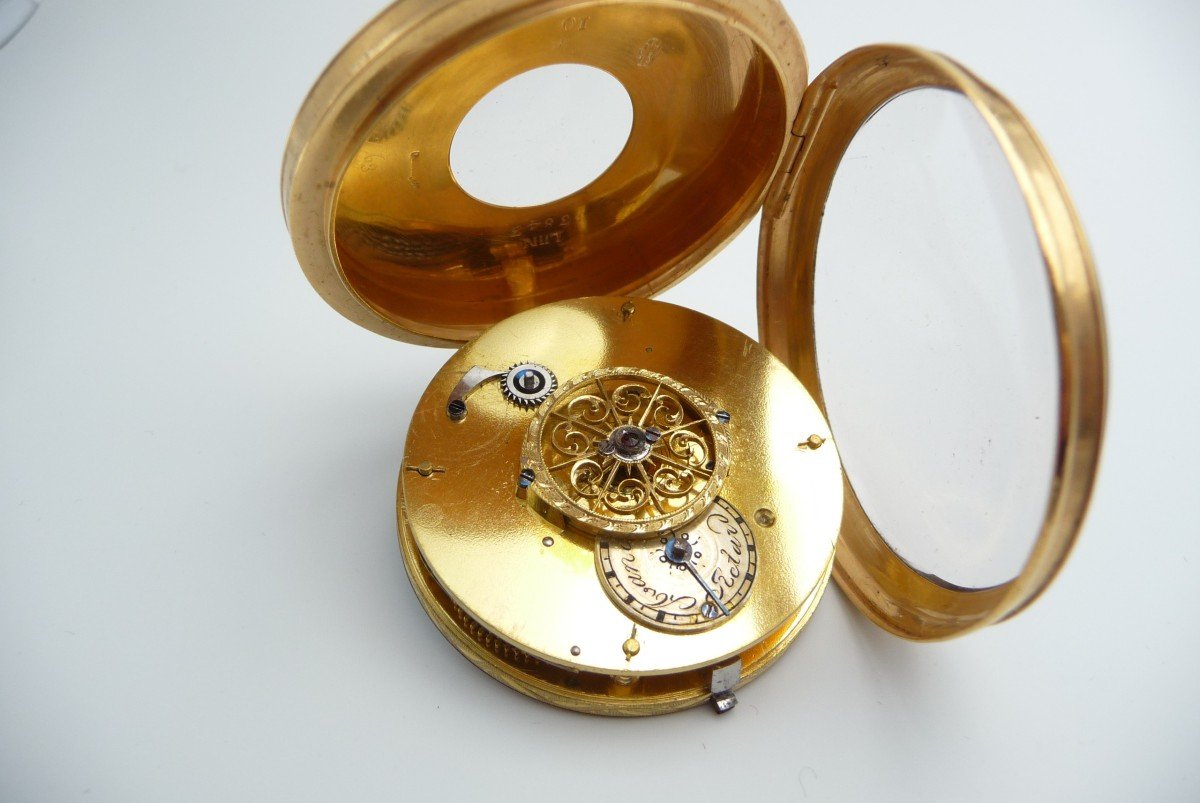 Very Rare Vermeil Watch, With Central Rooster, Golden Decor And Dates. Besançon: 1800. -photo-4