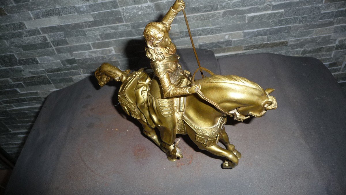  Bronze Of Joan Of Arc With Her Standard, On Her Horse. 19th Century Period-photo-3