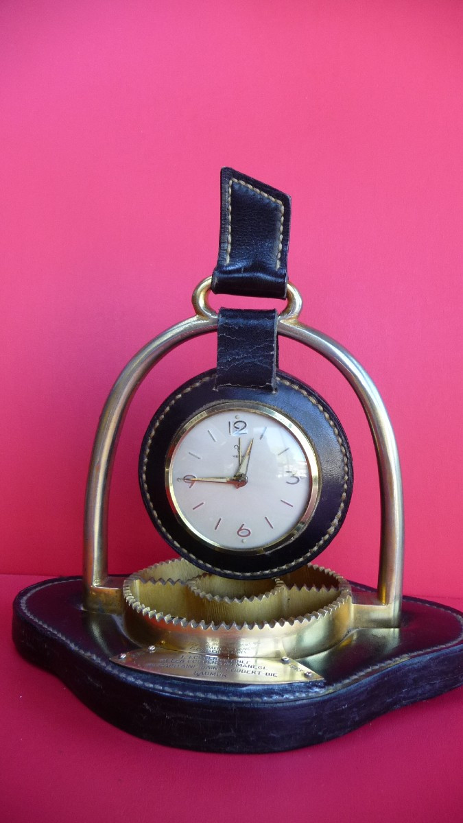 Yéma Desk Clock For The (black Saumur Frame) Leather And Gold Metal From The 60s
