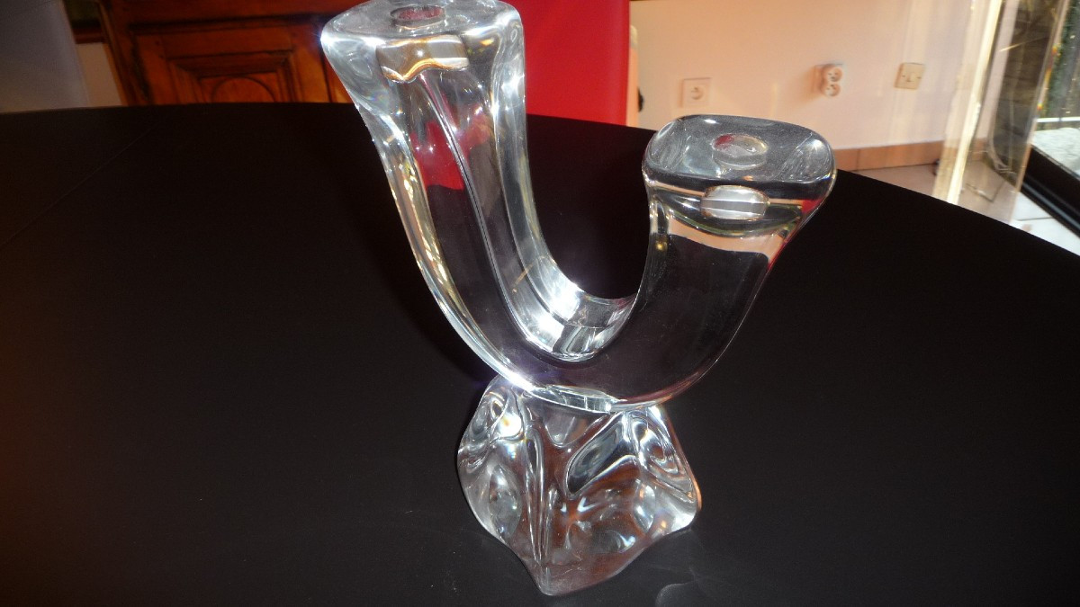 Daum: Large Crystal Candlestick By Daum, Circa 1980-photo-2