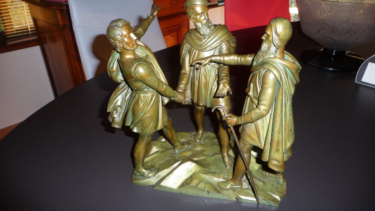 SUISSE : Important groupe de 3 personnages, figurant (le serment de Grütli), èpoque XIXème