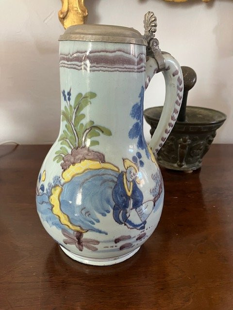 Polychrome German Earthenware Pitcher, 18th Century, With Tin Lid.-photo-2