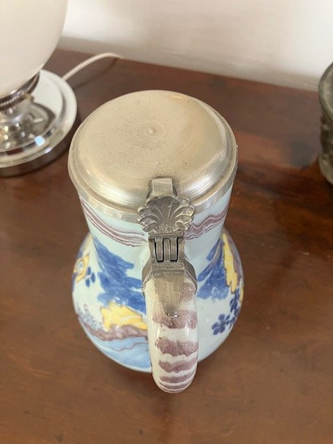 Polychrome German Earthenware Pitcher, 18th Century, With Tin Lid.-photo-4