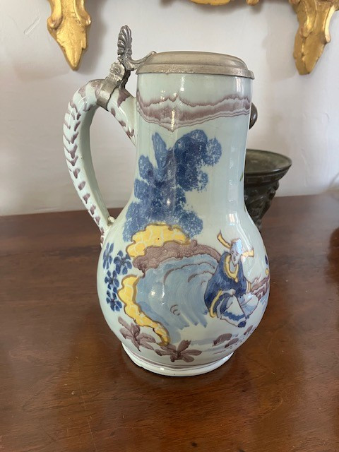 Polychrome German Earthenware Pitcher, 18th Century, With Tin Lid.