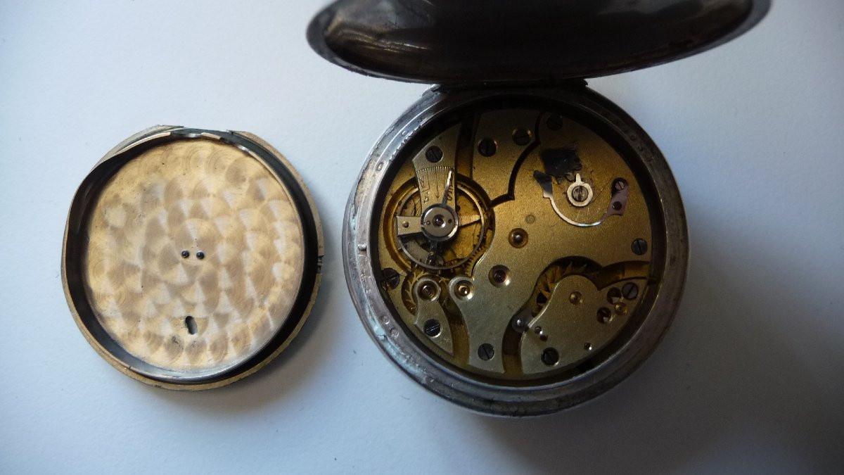 Silver-plated Gousset Watch With (alarm Chime) Swiss Patent, Circa 1900.-photo-4