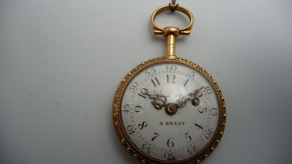 Gold Gousset Watch, Signed Jc Droz In Brest, With Primitive Cylinder, Louis XVI Period-photo-2