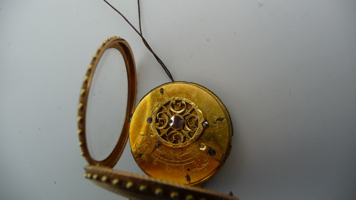 Gold Gousset Watch, Signed Jc Droz In Brest, With Primitive Cylinder, Louis XVI Period-photo-3