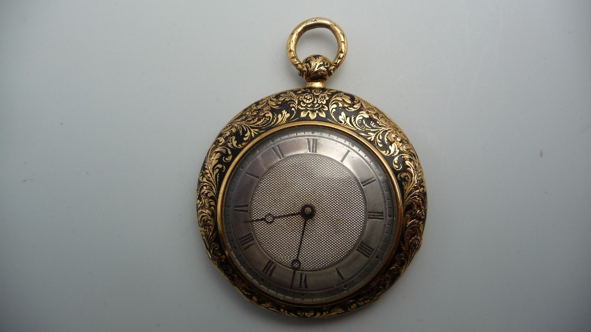 Charles Oudin : Montre en or émaillée d'époque Charles X , de Charles Oudin élève de Breguet