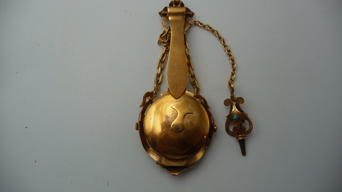 Montre chatelaine en vermeil, d'époque Napoléon II, sertie de pierres précieuses, vers 1860.-photo-2