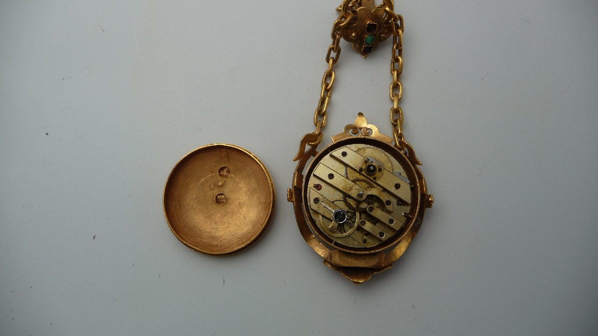 Montre chatelaine en vermeil, d'époque Napoléon II, sertie de pierres précieuses, vers 1860.-photo-3