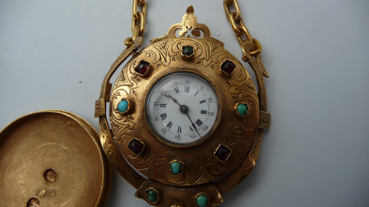 Montre chatelaine en vermeil, d'époque Napoléon II, sertie de pierres précieuses, vers 1860.-photo-4