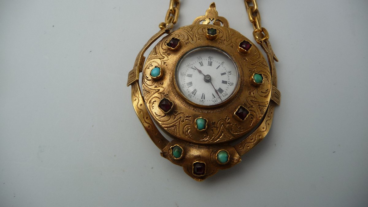 Montre chatelaine en vermeil, d'époque Napoléon II, sertie de pierres précieuses, vers 1860.-photo-1