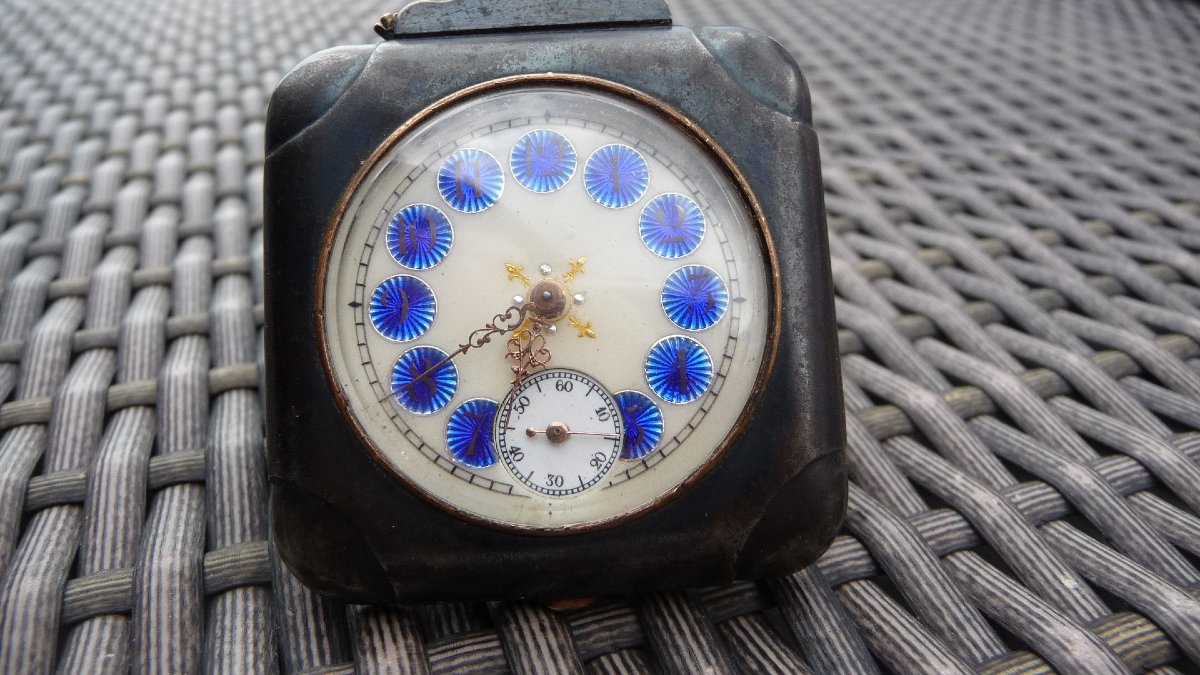 Square Pocket Or Desk Watch In Burnished Steel With Cartouche Dial, Circa 1900-photo-1