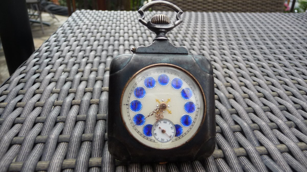 Square Pocket Or Desk Watch In Burnished Steel With Cartouche Dial, Circa 1900
