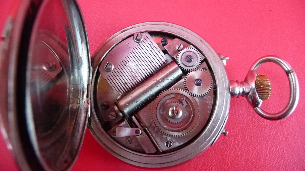 24-line Regulator Watch With A Nickel Case, Musical, And Visible Escapement, Circa 1900.-photo-4