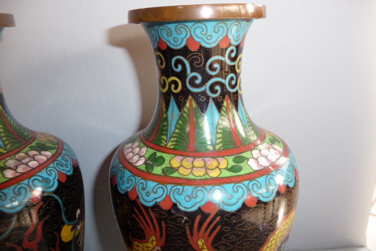 Paire De Vases Cloisonnés, Chine XIXème.-photo-3