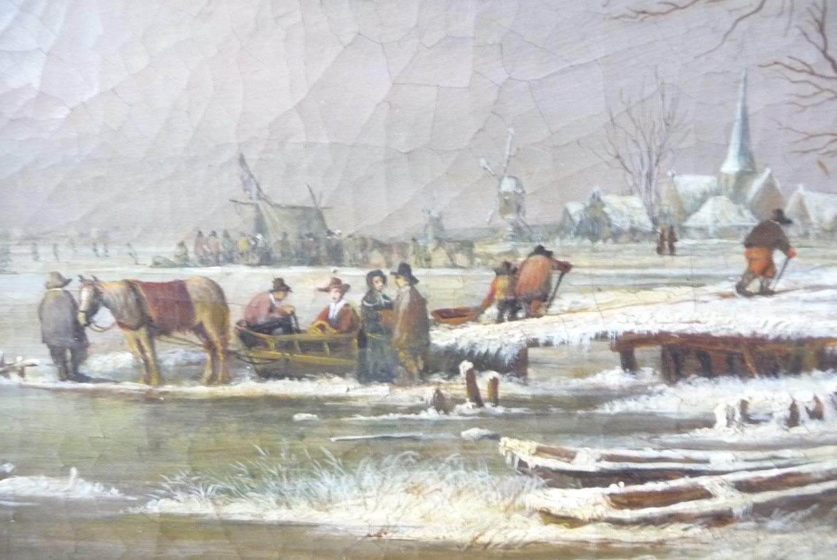 18th Century Dutch Painting, Animated Winter Landscape And Skaters-photo-4