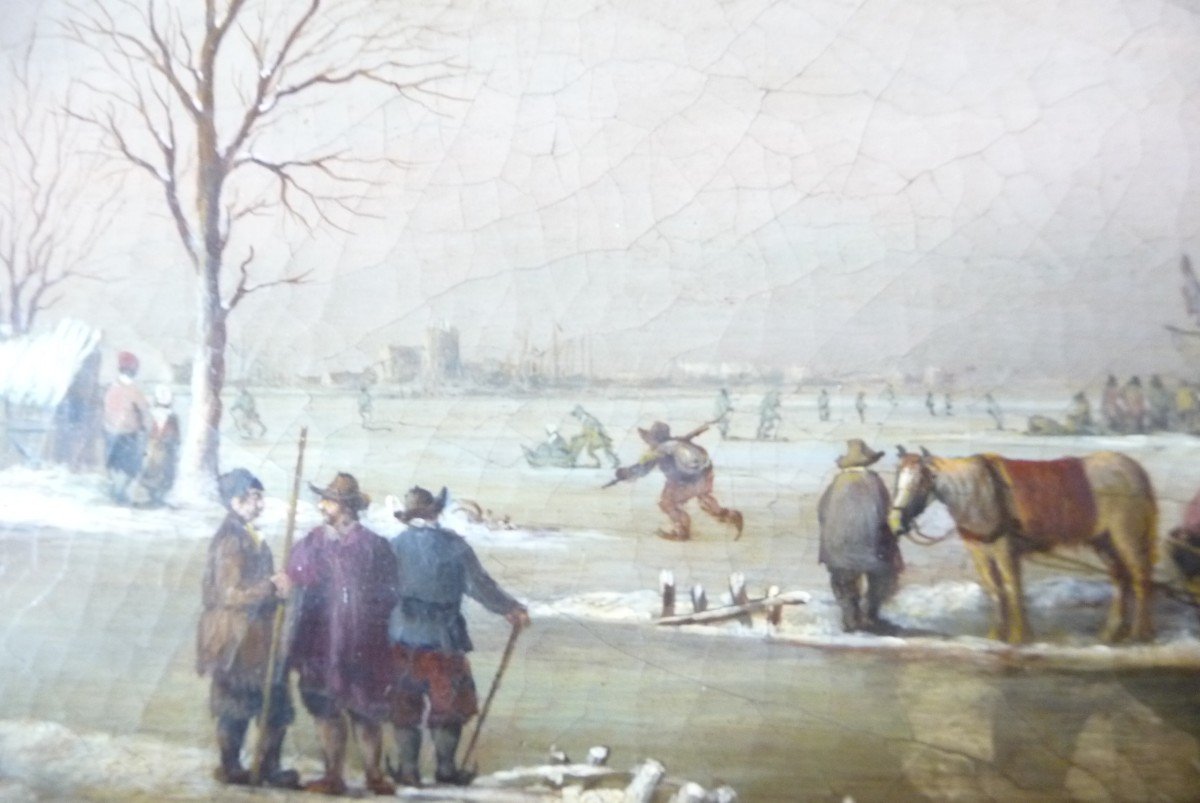 18th Century Dutch Painting, Animated Winter Landscape And Skaters-photo-2