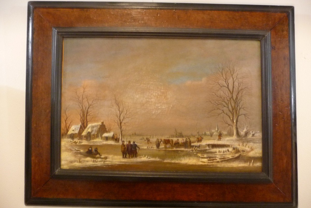 18th Century Dutch Painting, Animated Winter Landscape And Skaters-photo-4