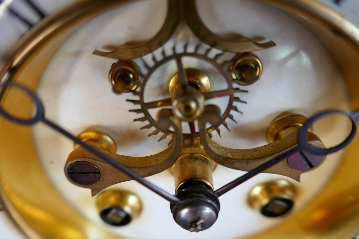Beautiful Glazed Cage Clock, In Golden Brass, With Visible Escapement. Late 19th Century-photo-2