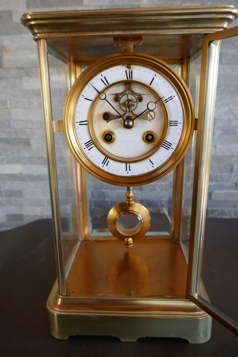 Beautiful Glazed Cage Clock, In Golden Brass, With Visible Escapement. Late 19th Century-photo-3