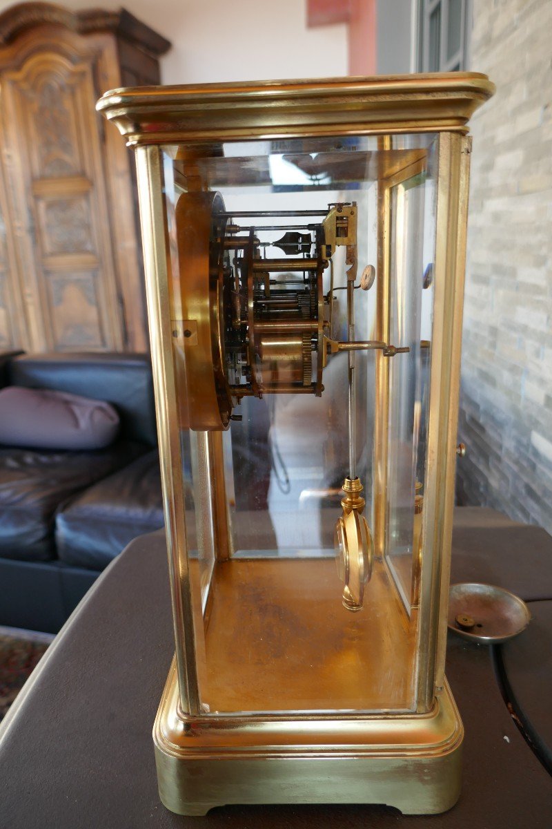 Beautiful Glazed Cage Clock, In Golden Brass, With Visible Escapement. Late 19th Century-photo-4