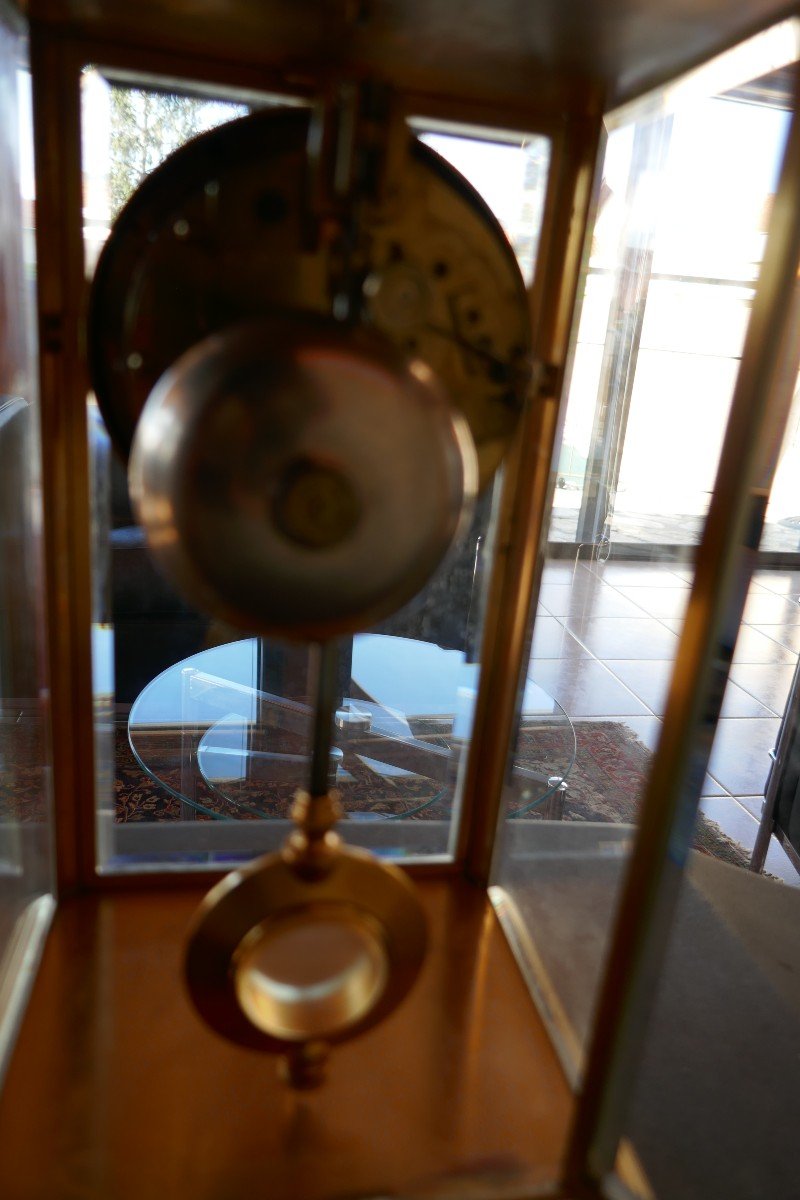 Beautiful Glazed Cage Clock, In Golden Brass, With Visible Escapement. Late 19th Century-photo-1