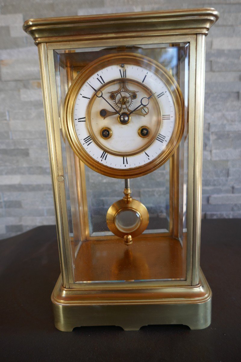 Beautiful Glazed Cage Clock, In Golden Brass, With Visible Escapement. Late 19th Century