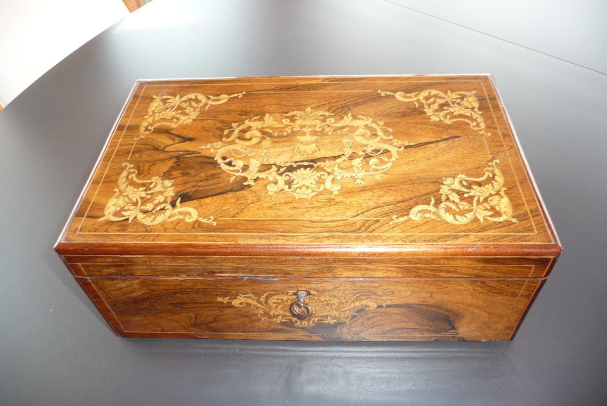 Beautiful Writing Box In Rosewood And Lemon Marquetry, Charles X Period