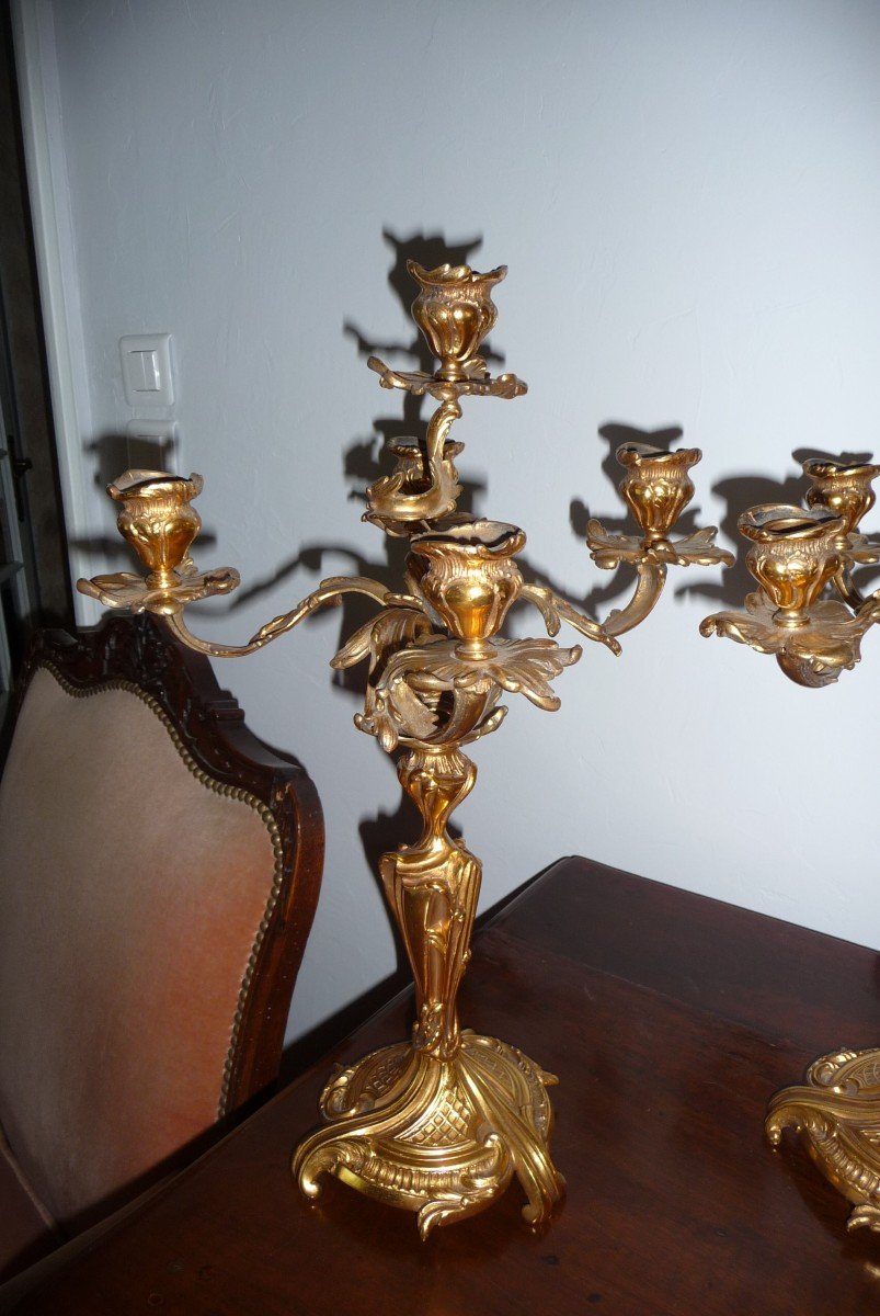 Grande Paire De Candélabres En Bronze Doré, De Style Louis XV, à Cinq Bras De Lumière.-photo-3