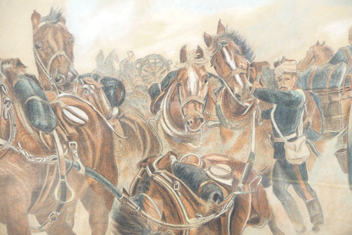 Large Watercolor. Soldiers And Horses, Circa 1870.-photo-4