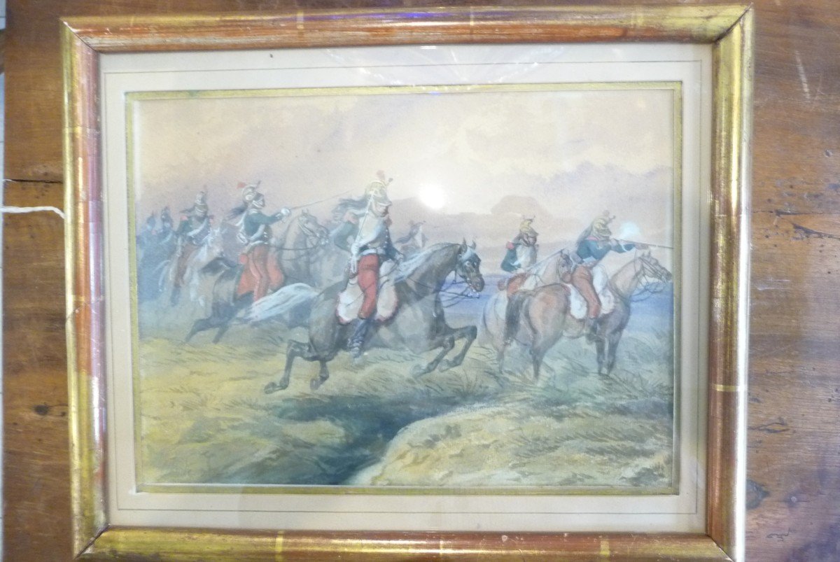 (Charles de Luna) , Aquarelle : Charge De Carabiniers, Monarchie De Juillet (1855)
