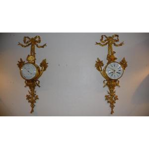 Susse Frères : Exceptional Pair Of Pendulum And Barometer In Gilt Bronze. Paris 1900.