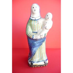 Virgin And Child In XIXth Polychrome Earthenware. (quimper Or Malicone)?