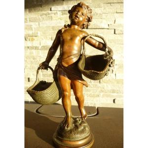 Very Beautiful Bronze By Auguste Moreau (young Basket Carrier) 19th Century 