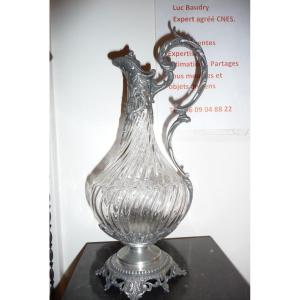 Ewer: Beautiful 19th Century Twisted Glass Ewer, Pewter Mounted, From The Napoleon III Period.