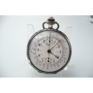 Very Beautiful Chronograph Pocket Watch, In Niellé Silver, 1900 Period